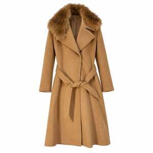 Karl Lagerfeld Paris Womens XL Camel Wool Coat Detachable Faux Fur Collar Belted